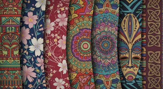 A collection of vibrant, colorful patterns featuring traditional motifs and floral designs, arranged in a vertical format with a mix of solid and patterned backgrounds.
