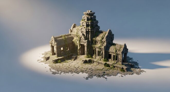 A weathered, ancient stone structure with moss and lichen growing on its walls, 