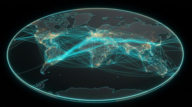 Global Network Connection Holographic World Map with Linked Data Routes