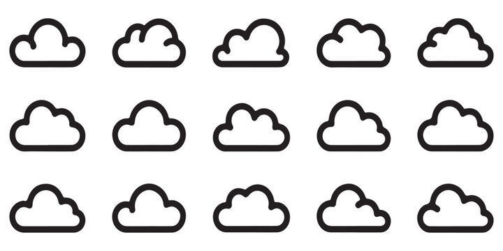 Cloud outline icons set featuring simple black line strokes on white background for weather prediction application design and minimalist web layout.