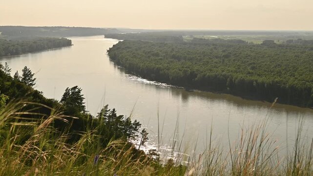 Aerial panoramic view of wide Siberian river winding through dense taiga forest in summer. Vast wilderness landscape with lush green trees and hazy sky.
