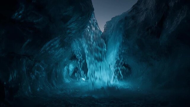 氷河内部・神秘的な氷の洞窟から噴出する融解水スロー映像