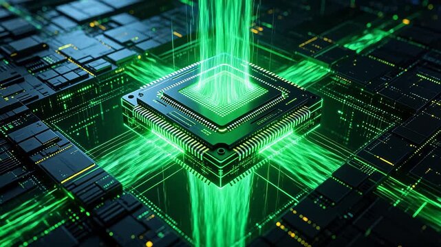 Microchip on circuit board with green data streams and glowing lights