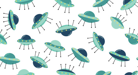 UFO Pattern with Green and Blue Flying Saucers for Space, Aliens, and Extraterrestrial Design Concepts © Sanjida