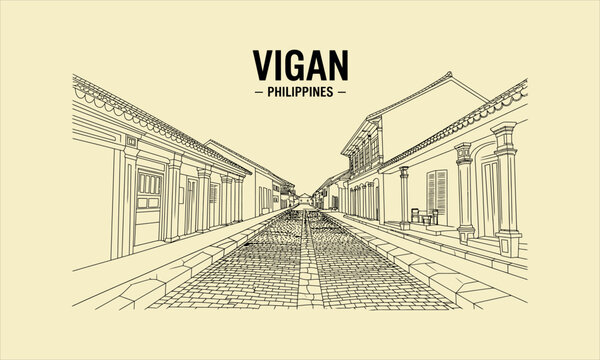 Vigan Philippines Cobblestone Street Colonial Architecture Line Art vector illustration