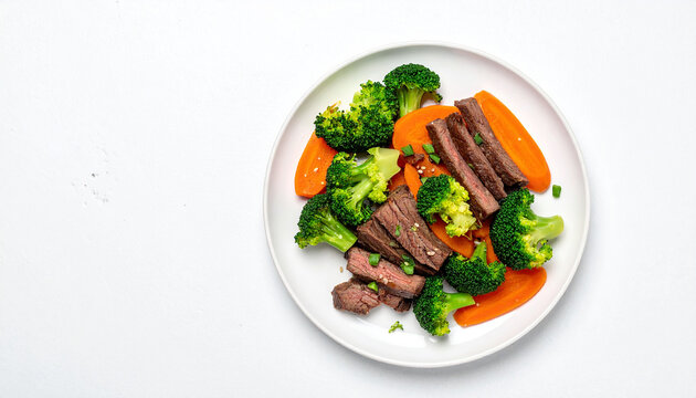 Sliced beef and broccoli with carrots served on a white plate with copy space