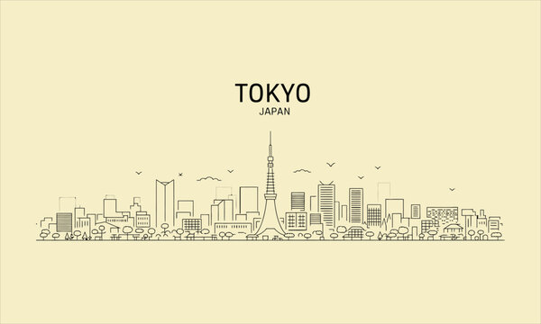 Tokyo Japan Cityscape Skyline with Tokyo Tower Line Drawing vector illustration