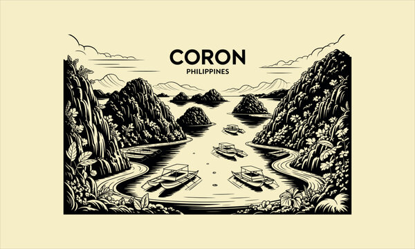 Coron Philippines Limestone Karsts and Bangka Boats Landscape Illustration islands