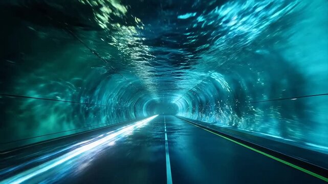 Underwater tunnel with road and glowing blue green light reflections