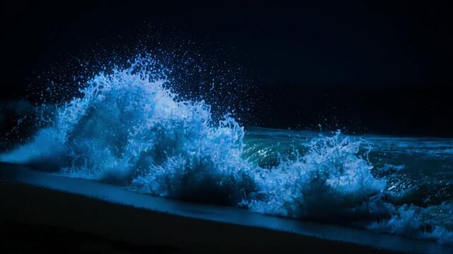 夜の波打ち際で砕け散る生物発光プランクトンの劇的な青い閃光と砂浜
