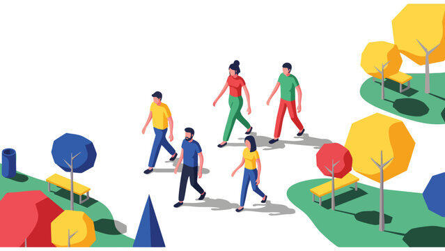 Minimalist isometric community representation highlighting urban mobility and social connectivity for corporate branding