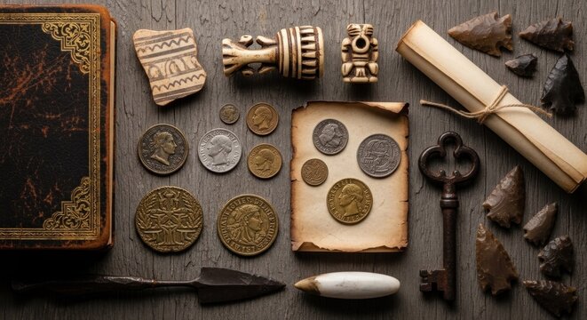 A collection of ancient artifacts, including coins, a scroll, and a key, arranged on a wooden table with a leather-bound book and a stone tablet in the background.