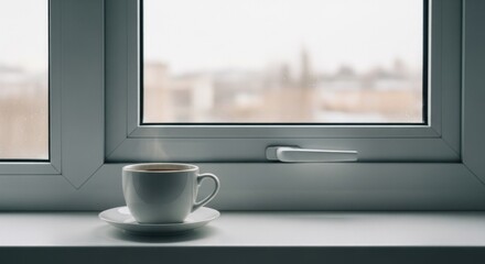 Fototapeta premium A white plastic window with a handle, a white cup of hot coffee with steam rising, and a white saucer on a windowsill with a view of a cityscape outside.