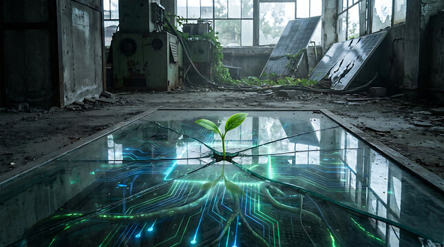 Emergence of a New Life: A lone seedling bursts forth from the concrete jungle, symbolizing rebirth, sustainability.