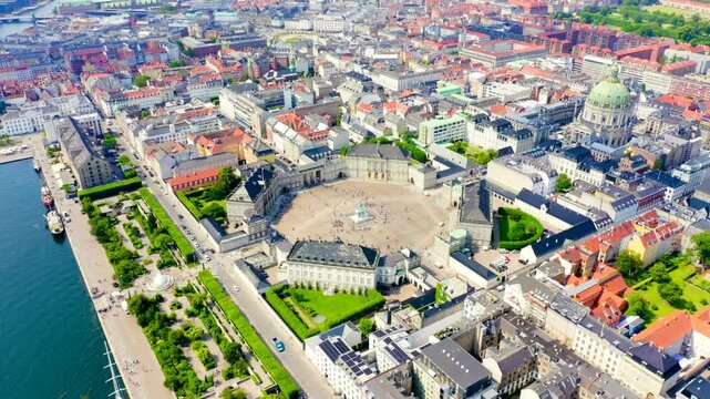 Copenhagen, Denmark. Amalienborg. The palace complex of the XVIII century in the Rococo style. Drone footage, Point of interest