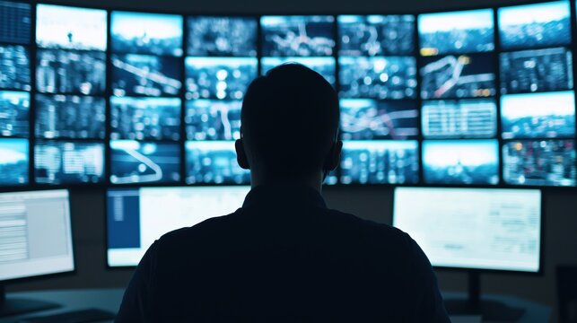 Operator silhouette watching multiple monitors showing data, surveillance feeds, and flight paths in a modern control room