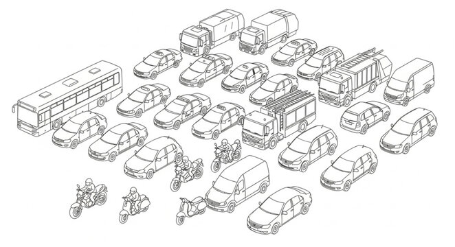 Collection of various vehicle illustrations in a sketch style.