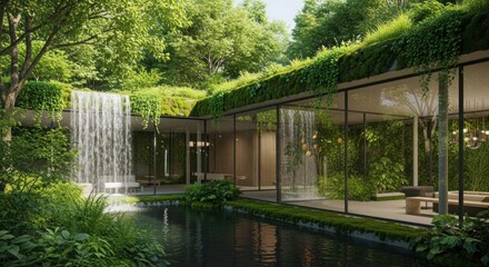 Fototapeta premium A modern, glass-walled house with a waterfall and lush greenery, set against a backdrop of trees and a pond.