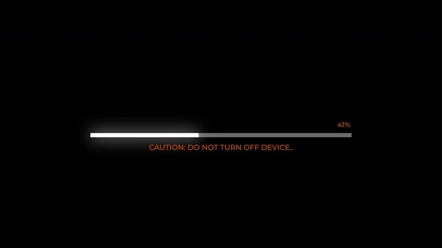 Software update progress bar with caution warning message and percentage counter, dynamic system loading animation with typing dots on black background