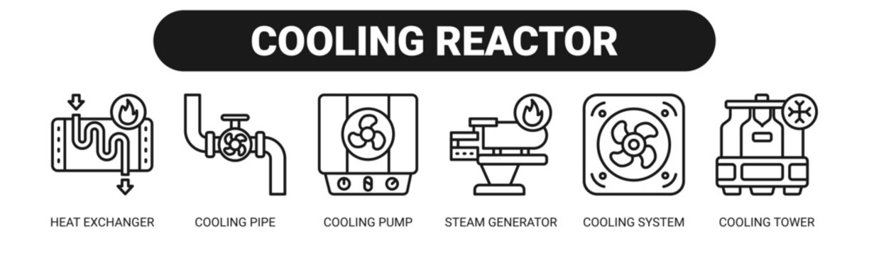 Cooling Reactor web banner icon vector illustration concept with icons of heat exchanger, cooling pipe, cooling pump, steam generator, cooling system, and cooling tower. 