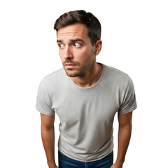 Obraz premium Man in gray tshirt looking sideways with a surprised expression isolated on transparent background
