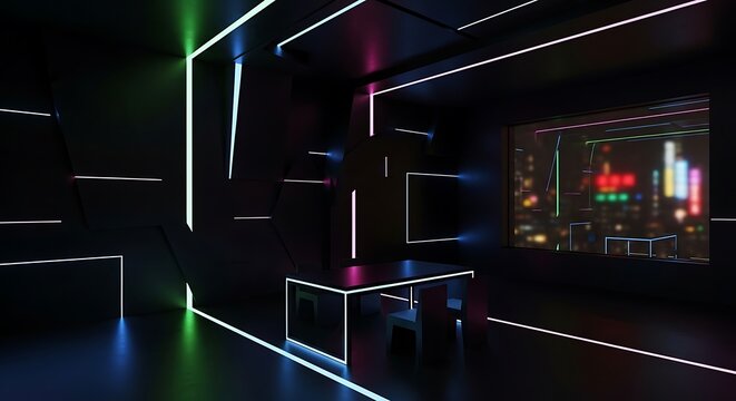 Futuristic gaming room with neon led lights, modern cyberpunk interior design, dark high-tech studio workspace with glowing geometric lines