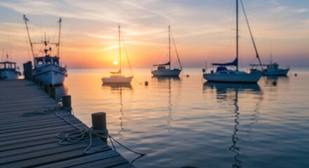 Fototapeta premium Golden Hour Serenity: Boats Silhouetted at Dawn on Calm Waters