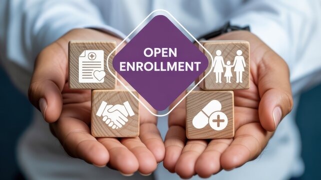 Hands holding open enrollment concept with health insurance icons on wooden blocks.