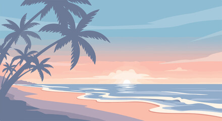 Obraz premium A serene beach at sunset with palm trees