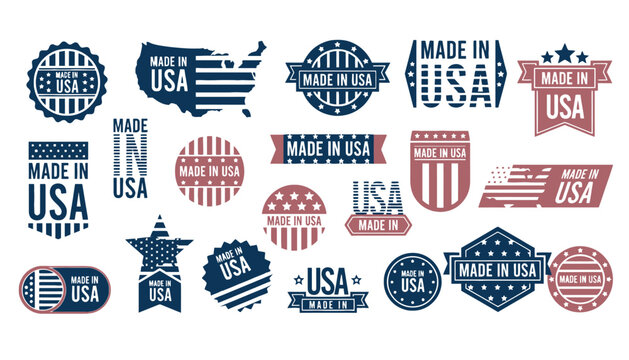Collection of made in usa labels and badges with patriotic symbols and flags