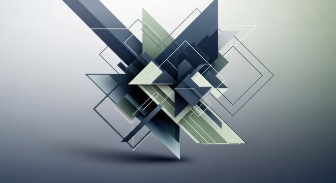 A geometric abstract composition with a mix of triangles and squares in shades of blue, green, and gray, set against a gradient background.