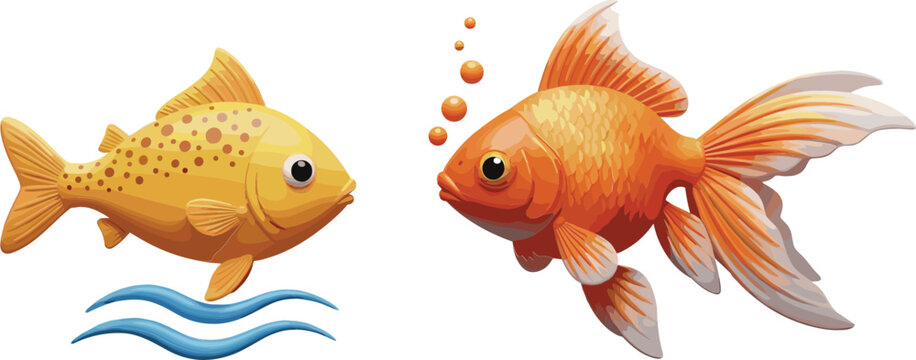 Realistic goldfish vector illustration set with detailed fins and scales, aquarium aquatic animals with bubbles and water waves isolated on white background
