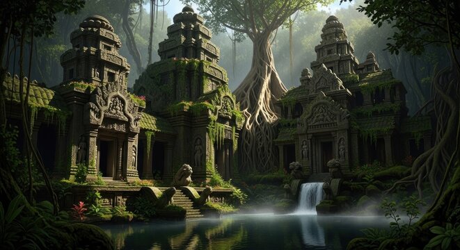 Ancient temple complex surrounded by lush greenery, 