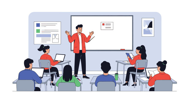 Teacher standing in front of a whiteboard explaining a lesson to a group of students sitting at their desks with laptops and notebooks.