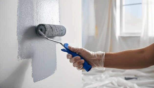 Close up view of hand in transparent glove applying grey paint to white wall using small paint roller during interior home decoration and room makeover process in bright modern apartment space