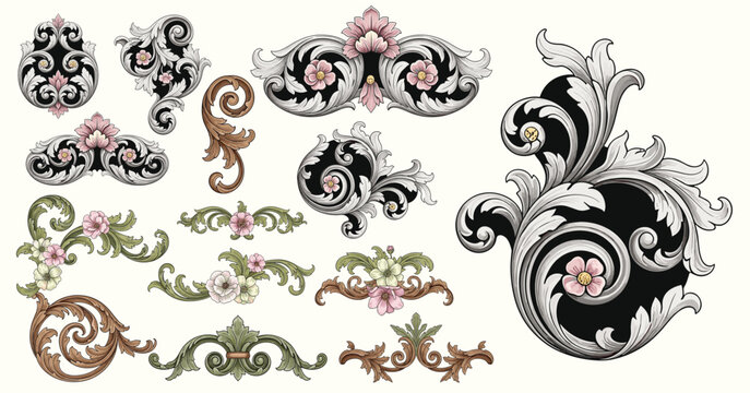 Elegant baroque floral elements featuring detailed roses, swirling acanthus ornaments, and vintage botanical styling in rich colors.