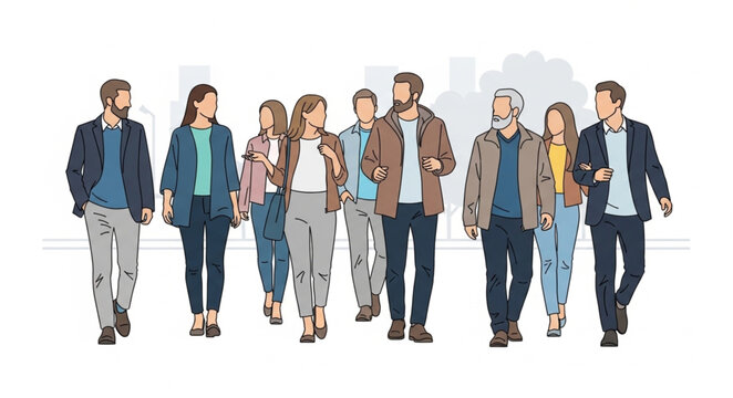 Diverse group of people walking together in a city.