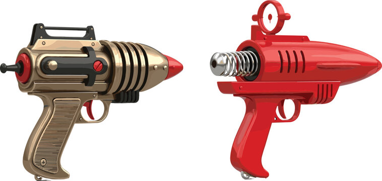 Retro Futuristic Ray Gun Set with Sci Fi Laser Blasters for Space Adventure, Vintage Toy Design, and Science Fiction Weapon Illustration