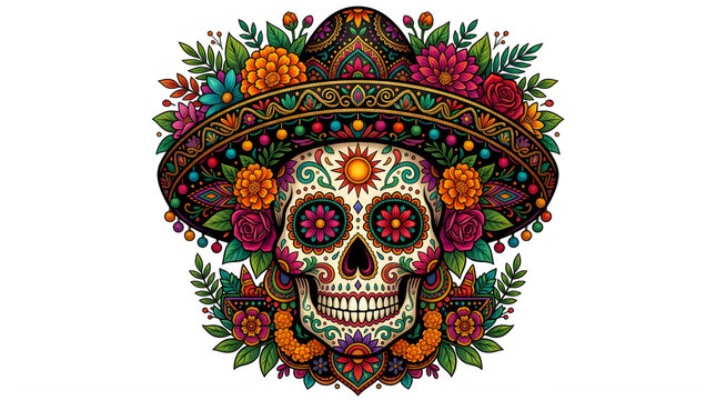 Ornate sugar skull illustration with vibrant flowers and sombrero hat, transparent background