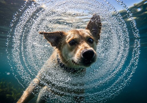 Underwater dog joy: A playful splash captured in a watery wonderland.