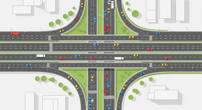 Aerial view of a busy highway interchange with flowing traffic.