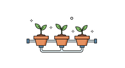 Fototapeta premium Three young green sprouts growing in terracotta pots connected by a shared irrigation or nutrient delivery pipe system illustration.