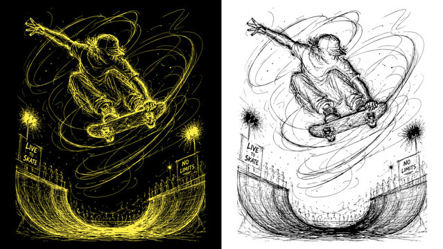 Golden Light Painting of Skateboarder Doing Kickflip at Skate Park &mdash; Extreme Sports Neon Art on Black Background