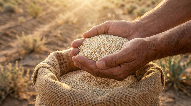 Agricultural seed quinoa grain farmer hand burlap sack harvest field agriculture concept with adult hand holding quinoa grain above burlap sack in dry field during golden hour light
