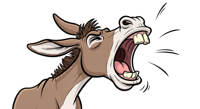 Funny braying donkey cartoon illustration, expressive shouting mule head with open mouth, stubborn farm animal character yelling isolated PNG with Transparent Background