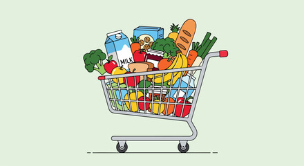A shopping cart overflowing with fresh produce and food items © Zetsu