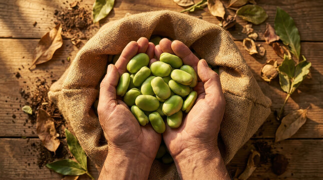 Fava bean hand harvest agricultural burlap sack wooden table rustic close up organic food, hands holding green fava bean harvest burlap sack rustic wooden table with soil and leaf showing