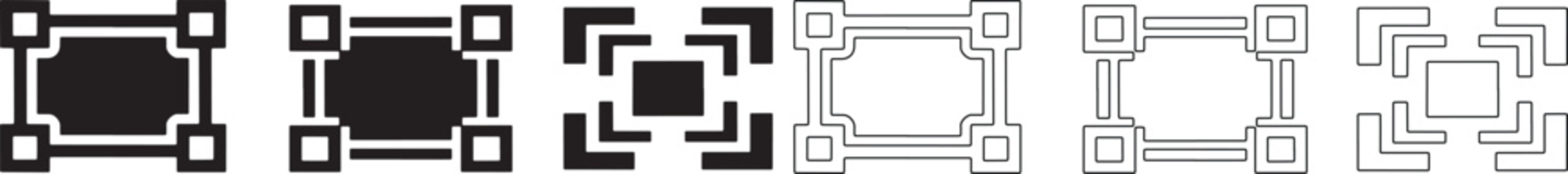 Set of six geometric border and corner frame in solid black and outline styles for