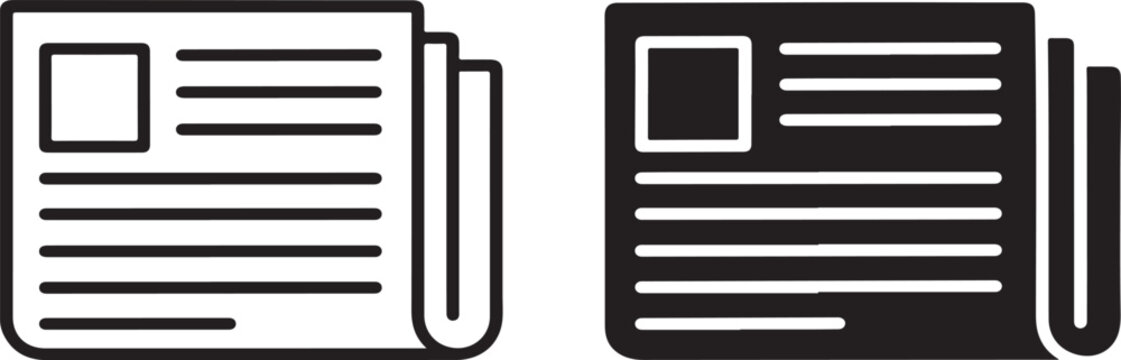 Two newspaper featuring outline and solid black styles with folded edges and text lines, isolated on a white background