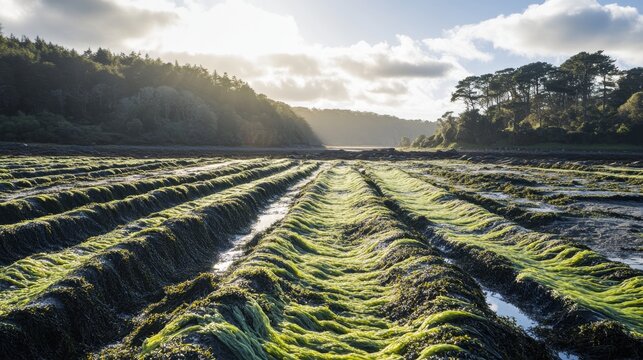 Side View of Stacked Seaweed Racks in Open Coastal Field